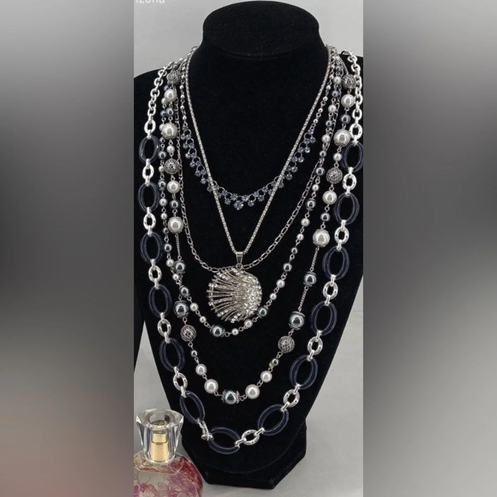 Betsey Johnson stack Silver and Black Layered Necklace Set w earrings and rings - Picture 1 of 4